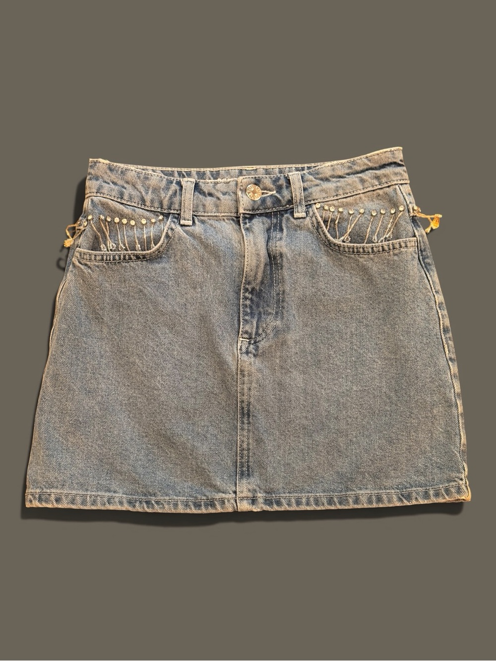 Light Blue Denim Mini Skirt with Rhinestone/Crystal Fringe. Size 2